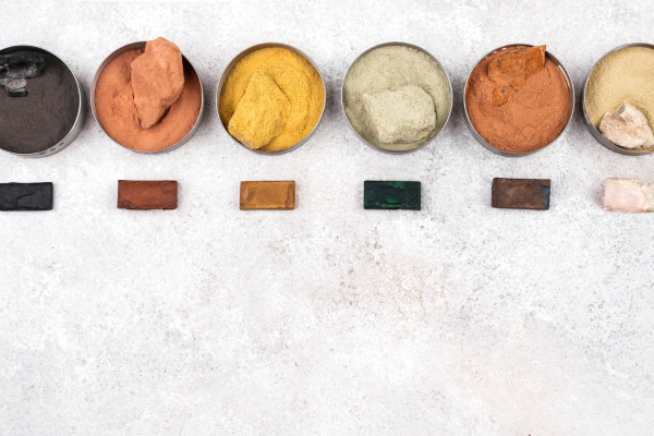 Amostras de tintas minerais e naturais em tons terrosos e neutros dispostas sobre superfície de concreto, para escolha consciente em projeto de interiores