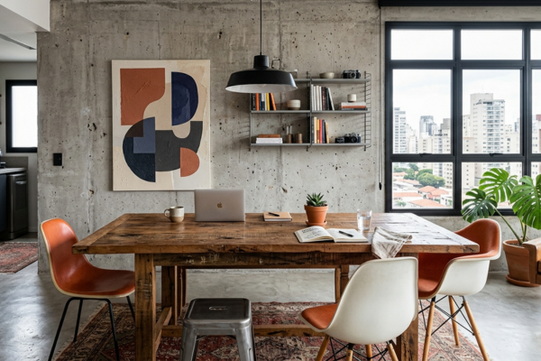 Mesa de madeira de demolição em loft urbano com parede de concreto