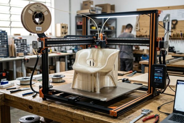 Impressora 3D ecológica fabricando componente de mobiliário com filamento sustentável
