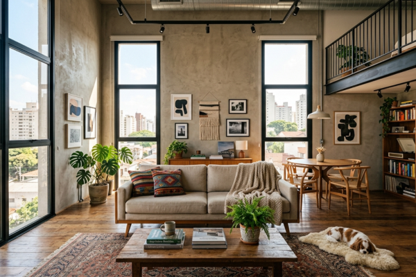 Loft urbano com paredes de concreto aparente pintadas com tinta mineral de silicato de potássio em tom neutro