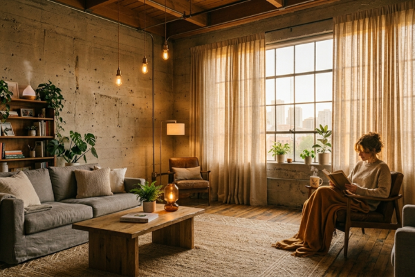 Loft urbano com minimalismo sensorial: concreto aparente, tapete de sisal natural e iluminação indireta quente