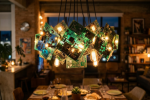 Luminária pendente artesanal feita com placas de circuito impresso reaproveitadas sobre mesa de jantar em loft urbano com concreto aparente