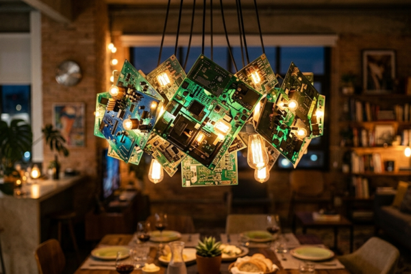 Luminária pendente artesanal feita com placas de circuito impresso reaproveitadas sobre mesa de jantar em loft urbano com concreto aparente