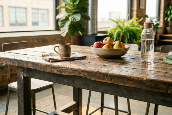 Mesa de jantar com tampo de madeira de demolição e base em aço carbono reaproveitado em loft urbano com concreto aparente