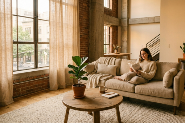 Sala de estar com minimalismo sensorial — sofá de linho, tapete de lã e luz natural filtrada por cortina em loft urbano