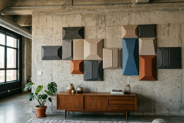Painéis acústicos de resíduos têxteis instalados em parede de loft urbano com concreto aparente
