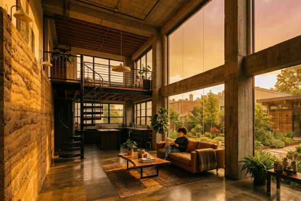 Parede de argila estabilizada em loft urbano com concreto aparente e iluminação natural