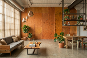 Parede de loft urbano com papel de parede reciclado artesanal em tom laranja com textura de fibra de algodão visível