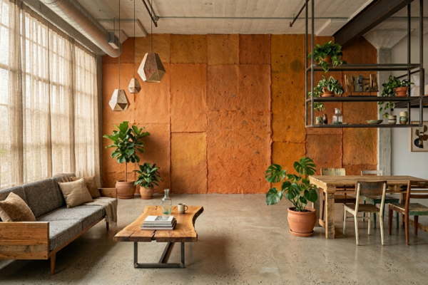 Parede de loft urbano com papel de parede reciclado artesanal em tom laranja com textura de fibra de algodão visível