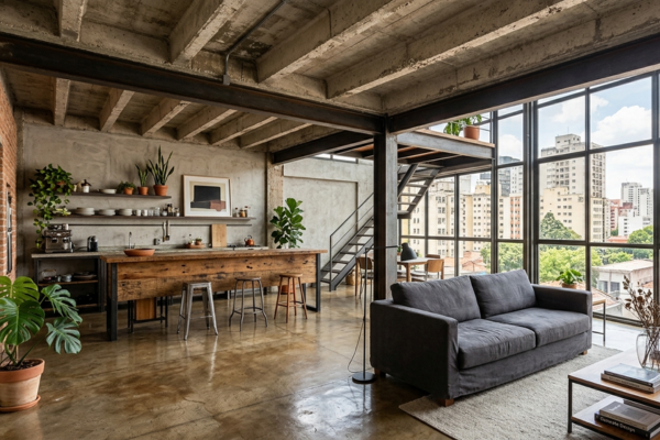 Loft com estética industrial sustentável — concreto aparente, vigas metálicas e bancada de madeira de demolição