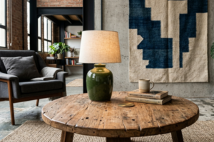 Detalhe de loft urbano com peças artesanais integradas ao design contemporâneo: luminária de cerâmica feita à mão, painel de tapeçaria em fibra natural e banco esculpido em madeira de demolição