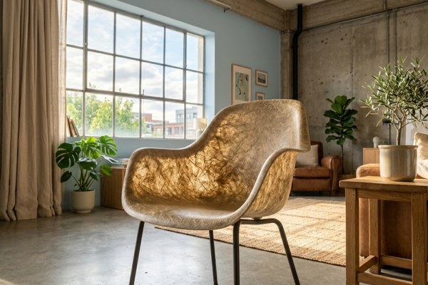 Cadeira de design sustentável produzida com bioplástico PLA reforçado com fibra natural em loft com concreto aparente