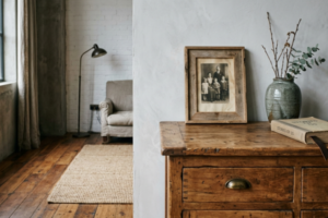 Imagem decorativa que ilustra o conceito de design afetivo sustentável aplicado a um interior contemporâneo. O canto de sala apresenta um aparador de madeira maciça restaurado com marcas de uso visíveis nas arestas. Sobre o aparador, há uma fotografia familiar emoldurada em madeira natural, um vaso de cerâmica artesanal em tom cinza-esverdeado e um livro com marcador de couro. O piso é de madeira de demolição com variações de tonalidade entre as tábuas. Um tapete de sisal trançado em tom natural cobre parte do piso. A iluminação lateral destaca a textura da madeira do aparador.