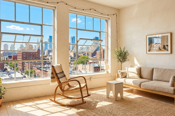 Imagem decorativa que ilustra a aplicação do design escandinavo sustentável em um loft urbano. O ambiente apresenta piso de madeira clara reaproveitada, paredes caiadas em branco com subtom quente e mobiliário de linhas retas em carvalho natural e linho bege. Uma cadeira de balanço restaurada ocupa o canto esquerdo. Duas janelas amplas sem cortinas dominam a parede ao fundo, iluminando naturalmente o espaço. Sobre o piso, um tapete de lã natural trançado em off-white. Todos os materiais visíveis são naturais ou reaproveitados, sem acabamentos sintéticos aparentes.