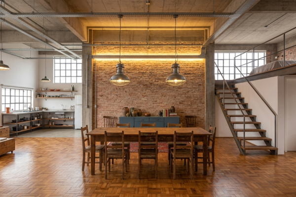 Sala moderna com móveis restaurados de madeira maciça, piso original recuperado e iluminação quente indireta — exemplo de elegância sustentável sem uso de materiais novos