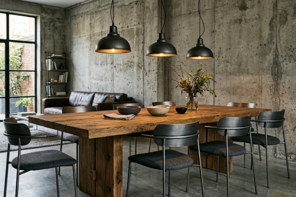 Sala de estar com estética pós-industrial: parede de concreto aparente, estrutura metálica exposta, móvel de madeira bruta e iluminação pendente industrial em ambiente urbano contemporâneo