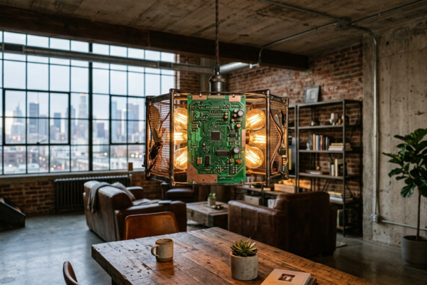 Luminária decorativa artesanal feita com placa de circuito impresso e LED em loft urbano com estética industrial