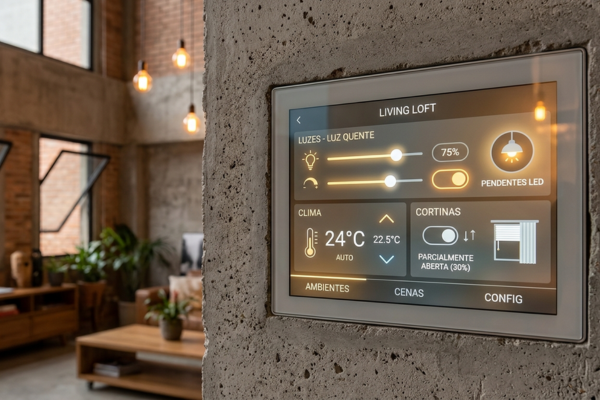 Loft moderno com automação residencial integrada: painel de controle discreto embutido na parede de concreto aparente, iluminação LED regulável e janelas com acionamento automatizado para controle de ventilação natural