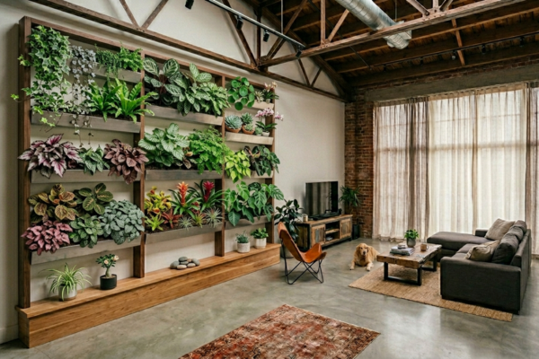 Loft moderno com jardim vertical em parede de concreto aparente, móveis de madeira natural e luz solar entrando por janelas industriais amplas