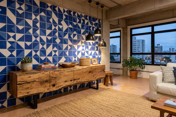 Loft urbano brasileiro com referências latino-americanas: parede revestida com azulejo artesanal em padrão geométrico, móvel de madeira regional e tapete de fibra natural sobre piso de cimento queimado
