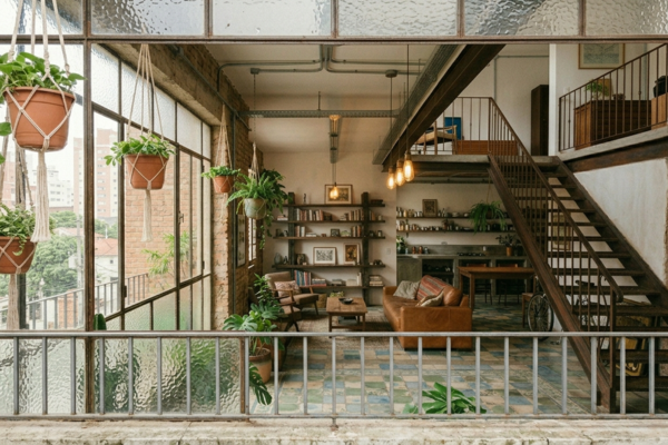Loft urbano sustentável com ladrilhos hidráulicos de demolição, escada metálica aparente em aço oxidado, caixilho de ferro fundido e tijolo aparente — estética industrial aconchegante