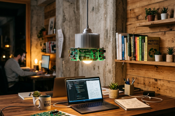 Luminária pendente feita com dissipador de calor e PCB reciclada iluminando mesa de escritório criativo com concreto e madeira ao fundo