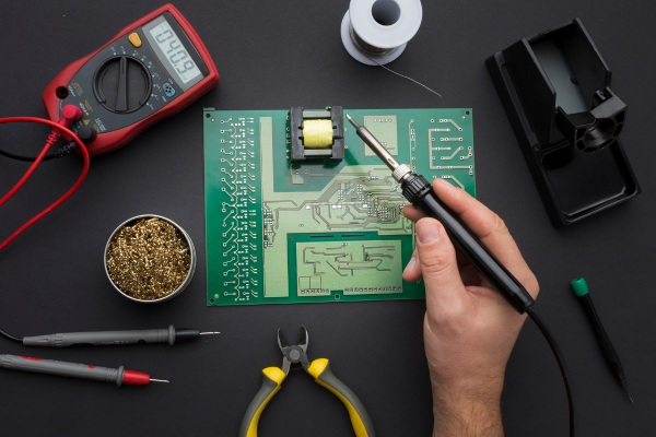 Mesa de trabalho com ferramentas, placa de circuito impresso desmontada e módulo LED preparados para montagem de luminária artesanal