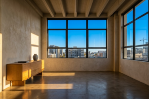 Imagem decorativa que ilustra um interior de loft minimalista sustentável. O piso é de concreto polido em tom médio. As paredes receberam caiação em branco com subtom quente. Um aparador de madeira maciça de carvalho com acabamento em óleo natural ocupa a parede principal. Sobre o aparador, dois objetos: um vaso de cerâmica artesanal cinza e um livro. O teto expõe a laje de concreto sem forro. Duas janelas industriais amplas sem cortinas permitem ampla entrada de luz natural. O ambiente não apresenta quadros, tapetes ou objetos no piso, evidenciando a proposta de redução intencional como recurso estético.