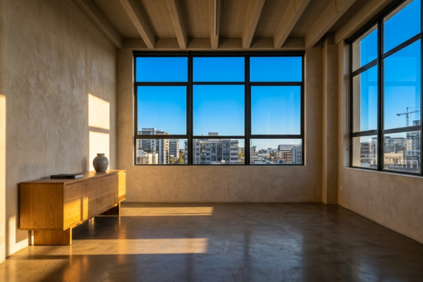 Imagem decorativa que ilustra um interior de loft minimalista sustentável. O piso é de concreto polido em tom médio. As paredes receberam caiação em branco com subtom quente. Um aparador de madeira maciça de carvalho com acabamento em óleo natural ocupa a parede principal. Sobre o aparador, dois objetos: um vaso de cerâmica artesanal cinza e um livro. O teto expõe a laje de concreto sem forro. Duas janelas industriais amplas sem cortinas permitem ampla entrada de luz natural. O ambiente não apresenta quadros, tapetes ou objetos no piso, evidenciando a proposta de redução intencional como recurso estético.