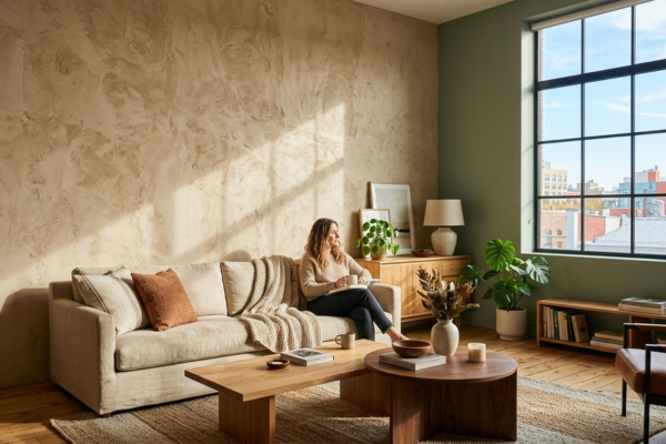 ala de loft urbano com paleta cromática sustentável em tons terrosos e verde sálvia, parede de reboco mineral texturizado, móvel de madeira natural e luz natural lateral