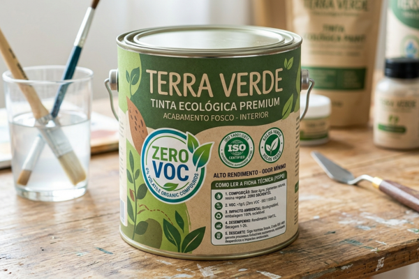 Rótulo de tinta ecológica com selos ISO 14001 e indicação de nível zero VOC, exemplificando como ler fichas técnicas de produtos sustentáveis
